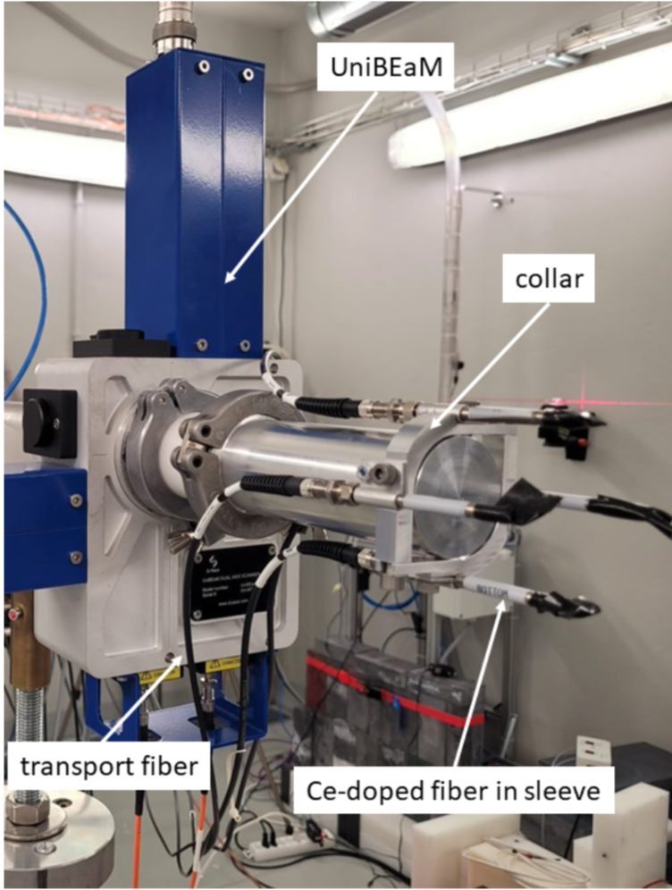 Photo of experimental setup in the BTL, showing the UniBeam used for position monitoring, and the collar on which four scintillator fibers are mounted surrounding the beam dumo