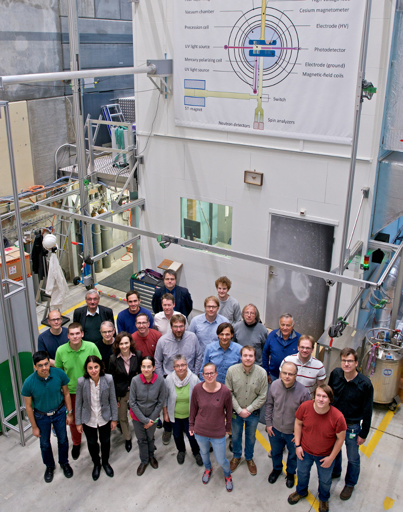 Members of the nEDM collaboration in the UCN experimental hall at PSI.